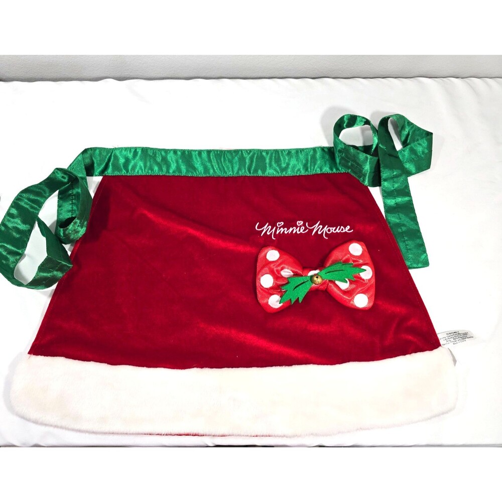 Disney Parks Red velvet furry Jingle Bell Christmas Minnie Mouse Apron Vintage